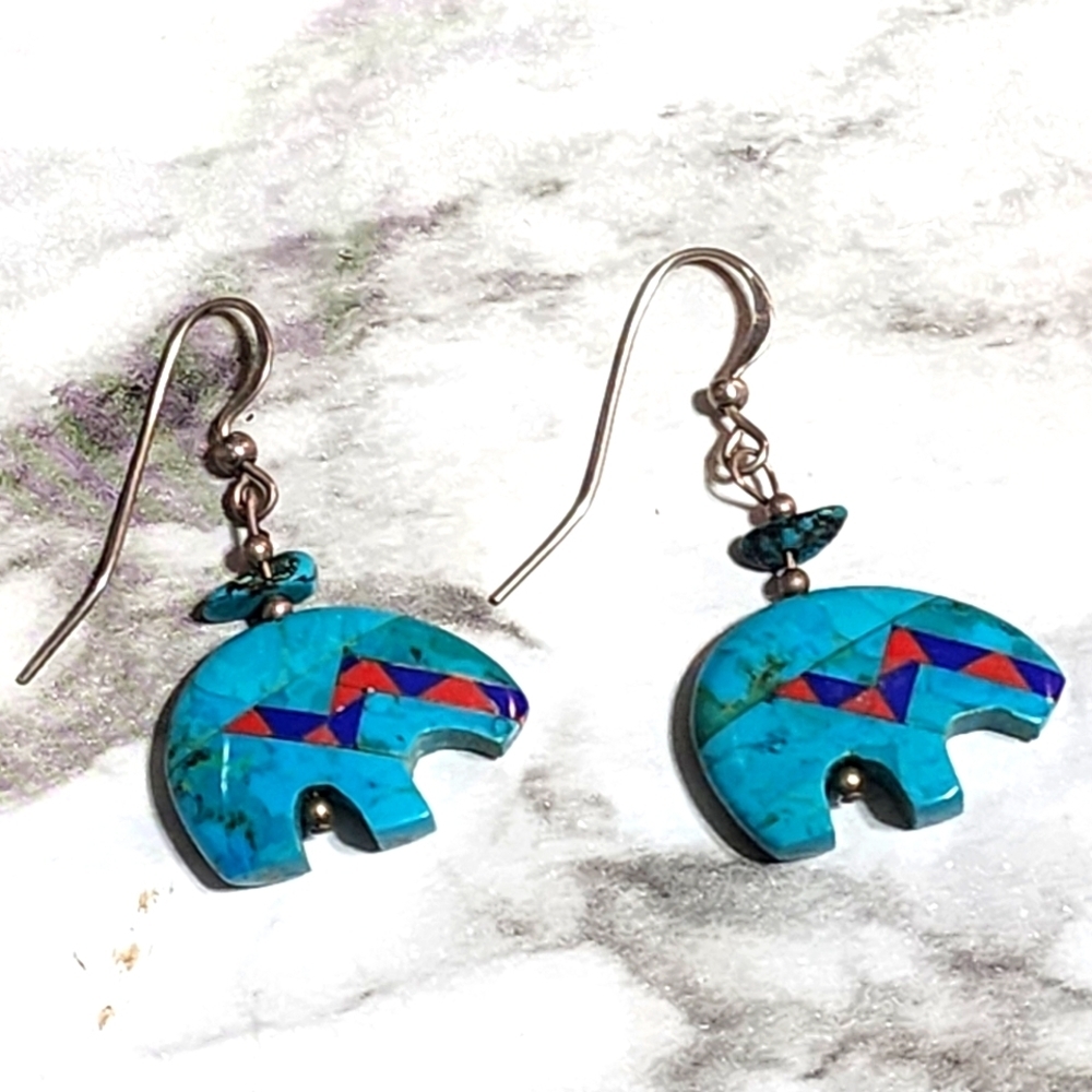 Vintage Sterling 925 Turquoise Fetish Bear Earring Lapis Coral Carved Stone